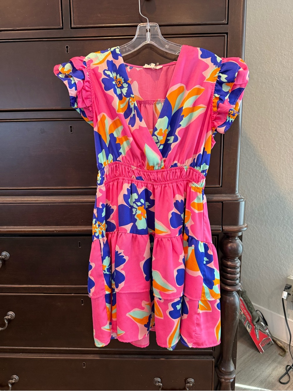 entro Pink Floral Tiered Mini Dress with Blue & Orange Accents
